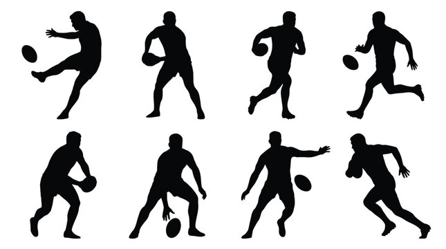 Silhouette collection of rugby players showing various athletic actions in this high contrast sports photo