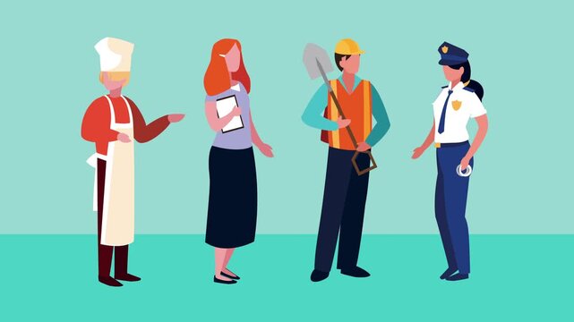 Group of diverse professionals with different occupations standing together in flat animation style.