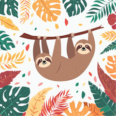 Obraz premium Two Sloths Hanging on a Branch Surrounded by Tropical Leaves