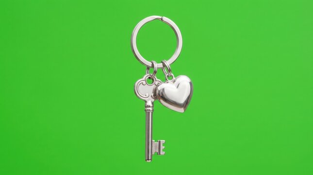 A shiny silver metal keychain with a vintage skeleton key and a smooth heart charm on green screen.