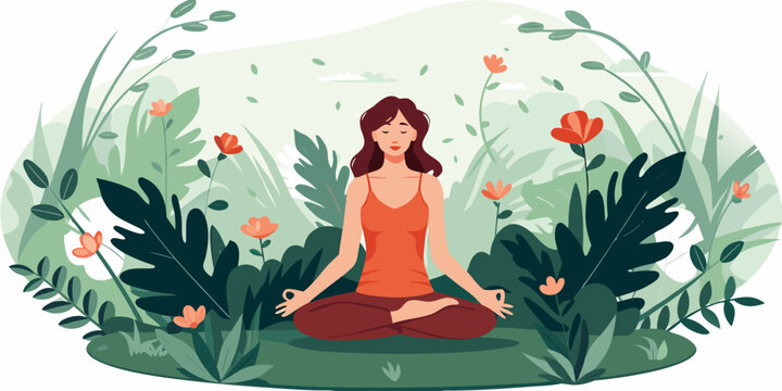 woman meditating in nature colorful vector illustration
