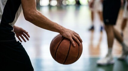 Naklejka premium Close up basketball dribbling action on outdoor court