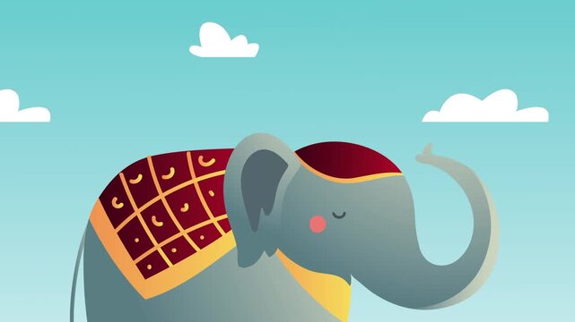 Animated indian elephant walking across blue sky background with clouds in cartoon style motion graphics.