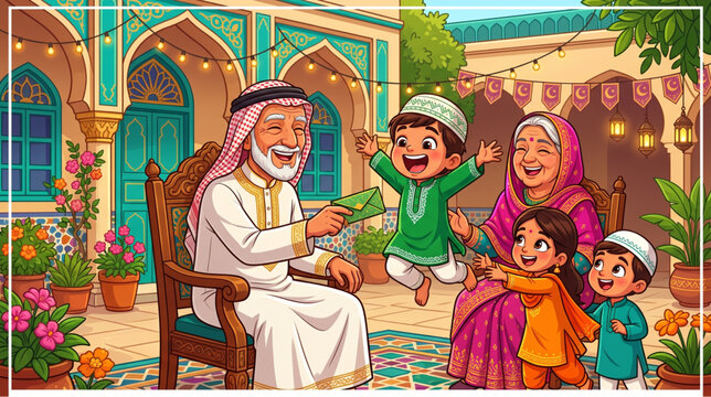 Cartoon Muslim Family Courtyard Scene With Eidi Celebration Vector