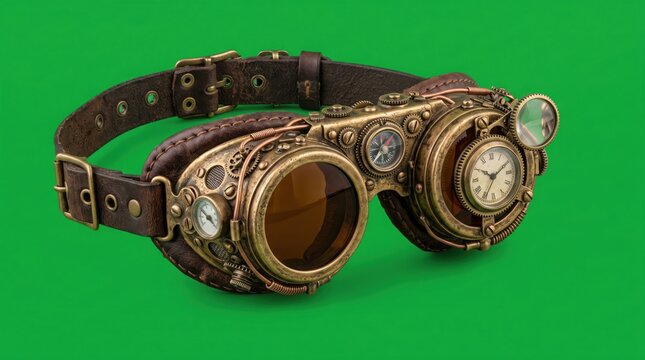 Intricate steampunk goggles crafted with brass gears, leather straps, and analog clock face details.