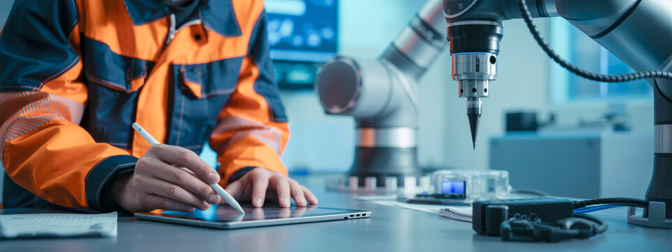Engineer in safety jacket works on tablet with stylus, collaborative robot arm in modern industrial lab.