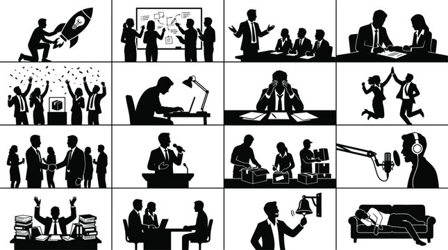 Set of black and white business and office life showing meetings, presentations, computer work, teamwork, and daily corporate tasks in a grid