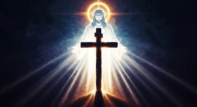 Jesus Christ standing behind cross with halo and rays