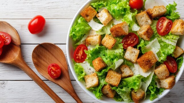 Caesar salad serving fresh lettuce, crispy croutons, and vibrant cherry tomatoes on white wood