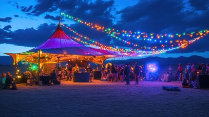 Obraz premium Vibrant festival tent illuminated by colorful string lights during a magical evening social gathering in an open desert landscape setting