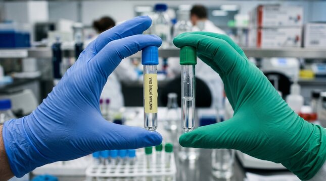 A laboratory technician holds two test tubes in a medical research facility.