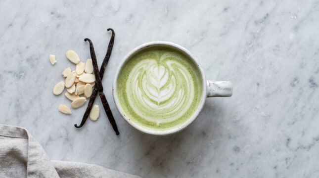 A cup of matcha latte with vanilla beans and almond slices on a marble surface