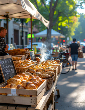 Hyperlocal farmers market with fresh artisan bakery products in a vibrant urban street setting, capturing community lifestyle, sustainable shopping, and local food culture.