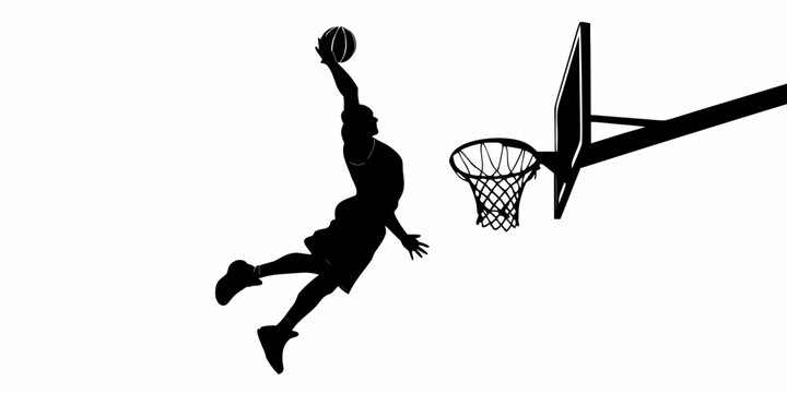 basketball player silhouette dunking towards the hoop on white background