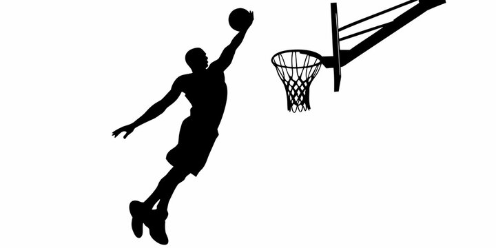basketball player silhouette dunking towards the hoop on white background