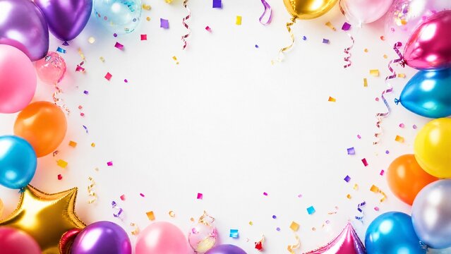 Colorful balloons and confetti float against a clean white background, creating a festive celebration atmosphere.