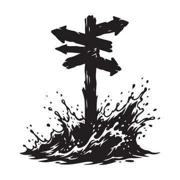 Broken signpost emerging from water splash illustration design