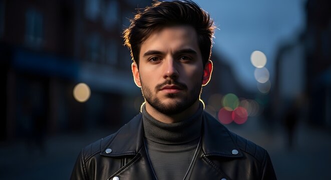 Stylish young man in a leather jacket with a turtleneck, portrait