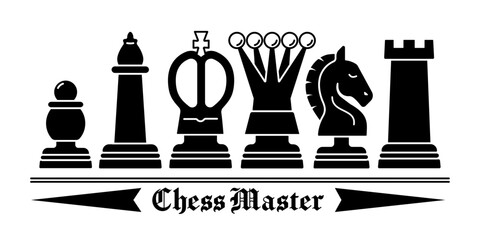 Chess master black pieces - pawn, bishop, king, queen, knight, rook figure symbols © Dosis