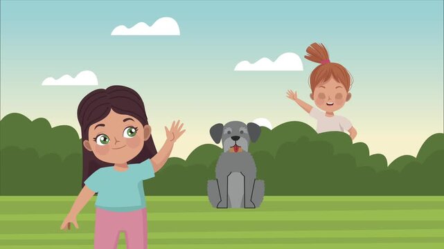 Little girls waving and gray dog sitting in green park with bushes and clouds.