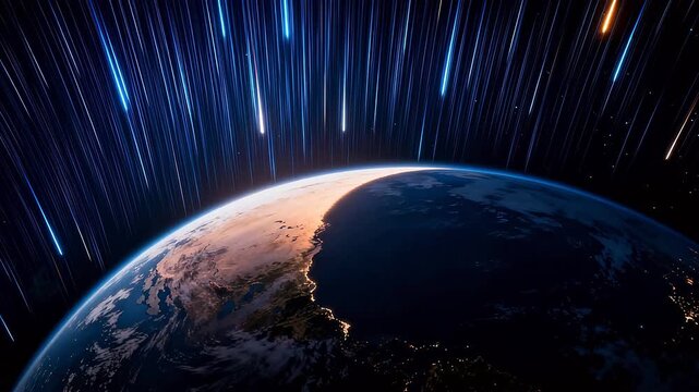 Earth planet view from space showing atmosphere and vertical star trails in background