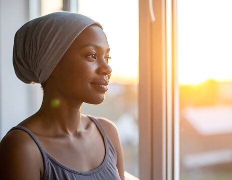 African American woman looking out window.