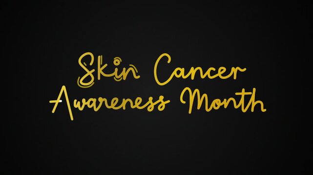 skin cancer awareness month One line continuous animated typography intro outro animation video, hand drawn calligraphy lettering monoline vintage text line art golden type on black background bg back