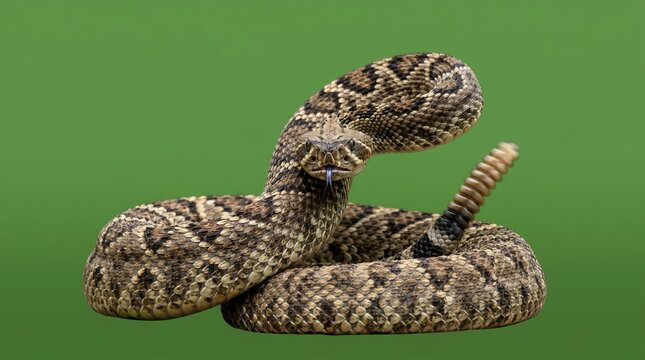 A coiled Western Diamondback Rattlesnake with a vibrating rattle tail on a solid green background.