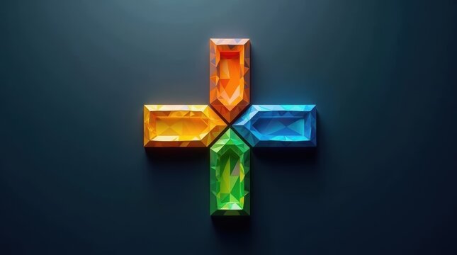 Abstract plus sign symbol made of colorful glowing crystal geometric blocks on a dark background