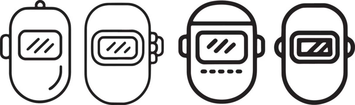Welding masks icons set in outline solid and colored styles with welding helmet with weld mask