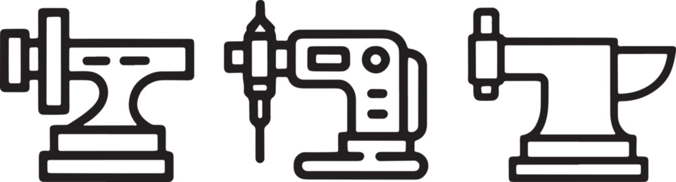 Bench vise drill press and anvil icons set in outline solid and colored styles with heavy