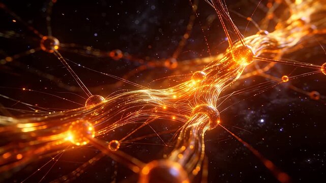 Abstract golden glowing neural network with connecting lines on black background