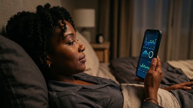 Person monitoring sleep and stress in mobile app digital health tracking wellness data analysis modern lifestyle technology scene.