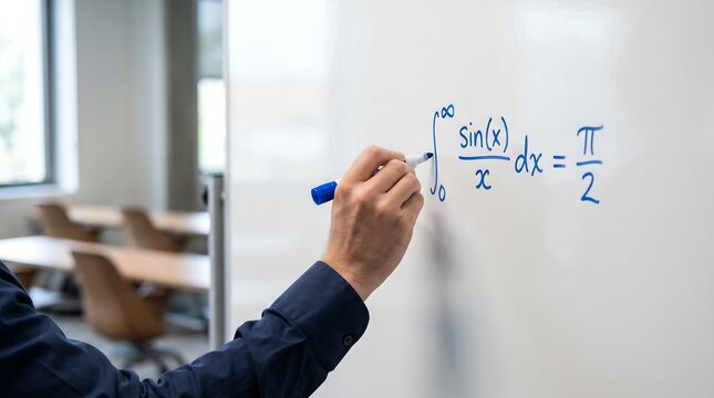 Close-up of a hand holding a blue marker writing a mathematical equation on a clean modern whiteboard