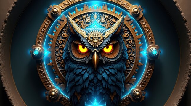 Steampunk owl illustration with glowing yellow eyes inside a mechanical gear circle frame with blue neon light effects and dark background