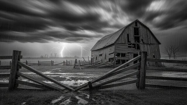 Old Barn and Thunder: A weathered barn stands resolute against a stormy backdrop, with streaks of lightning illuminating the sky and a rustic fence adding a touch of pastoral charm. 