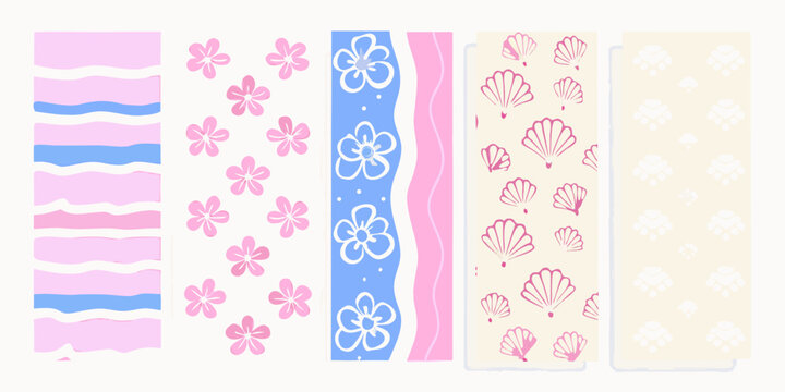 set of five vertical banners with floral and seashell patterns