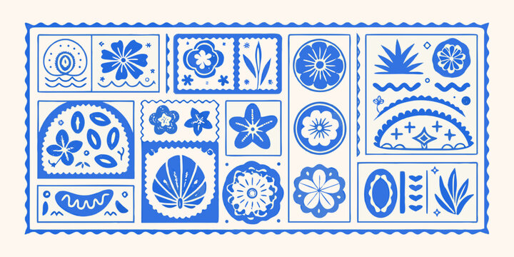 blue floral and botanical stamp collection decorative vector illustration
