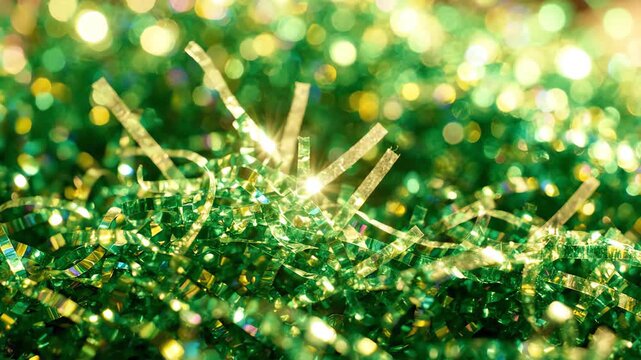 Macro shot of vibrant green shredded plastic Easter grass moving gently in a soft breeze creating a festive holiday atmosphere