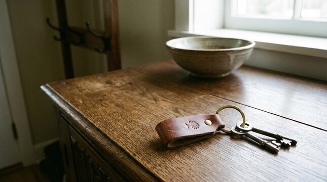 A leather keychain with a tree logo and vintage metal keys resting on a rustic wooden table near a ceramic bowl and window