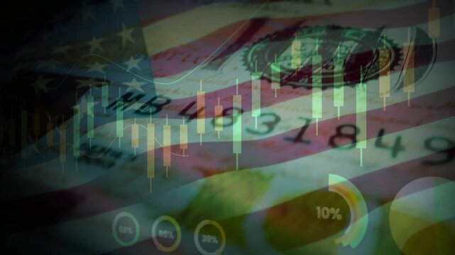 Strengthening US Dollar Exchange Rate Illustration. Rising Financial Graphs and Candlestick Charts over Banknotes with America waving flag.