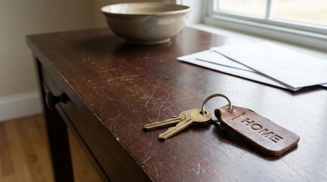 A set of house keys with a leather keychain stamped with the word home resting on a rustic wooden table near a window and some mail