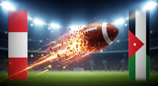 Rugby ball exploding between goal posts on field