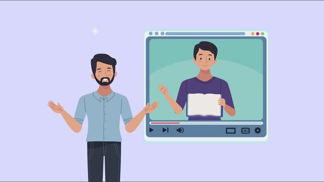 Animated video showing male student using digital platform for online education and remote learning.