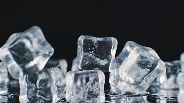 Closeup Stack of Melting Ice Cubes on Reflective Surface.