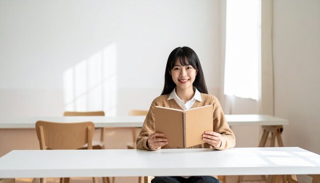 ミニマルな白いデスクで勉強する学生のクリーン学習シーン