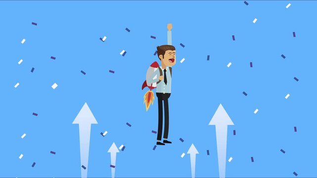 Animated businessman flying with rocket jetpack and celebrating success against blue background with rising arrows.