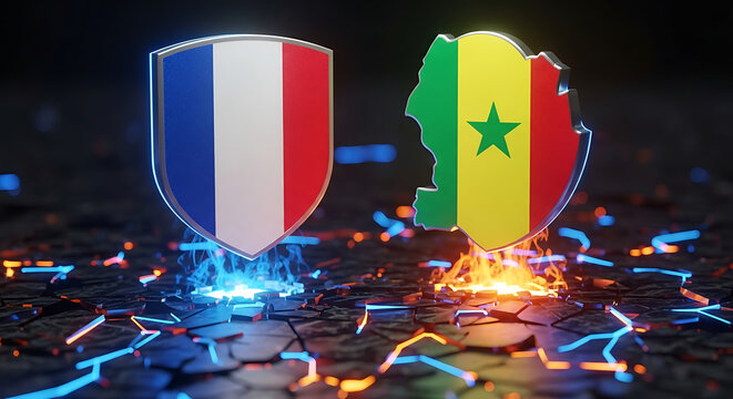 France and senegal flags in shield shapes with glowing circuits