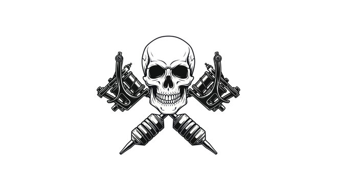 Skull and Tattoo Machines Crossed, Tattoo Art Design, Monochrome Vector