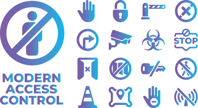 Modern access control icons for security systems entry gates and prohibition notices.
